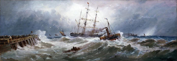 Un rimorchiatore francese che traina una barca nel porto di Boulogne (Francia), in mari difficili. Olio su tela