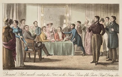 Bernard Blackmantle che legge la sua farsa nella sala verde del Covent Garden Theatre, da The English Spy, pub. 1824