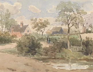 Paesaggio di Campagna con Cottage, Mulino a Vento, Fienili e Figure con Stagno in Primo Piano