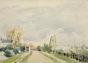 Paesaggio del Suffolk, una strada larga con una piccola casa, una chiesa e alberi