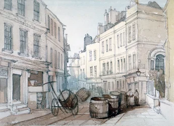 Bread Street Hill e il cimitero della chiesa di St Nicholas Olave, Città di Londra, c1850
