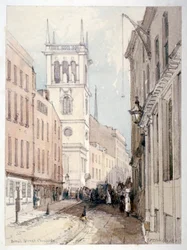 Veduta della chiesa di All Hallows, edifici e figure su Bread Street, City of London, 1851