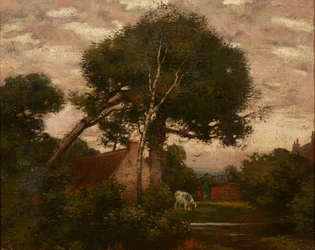 Paesaggio di campagna con bestiame che si abbevera