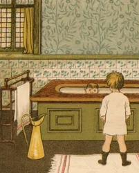 Vita domestica: bambino che fa il bagno in bagno