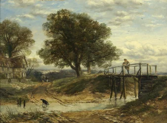 Paesaggio con ruscello, ponte e cottage