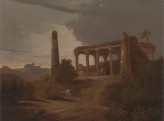 Paesaggio indiano con rovine di un tempio