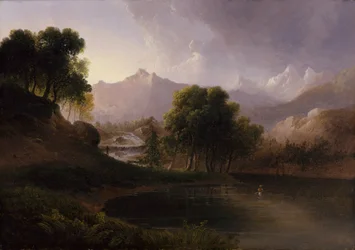 Paesaggio con ruscello e montagne