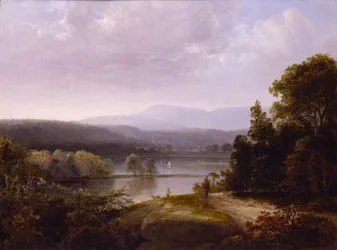 Vista sul fiume con cacciatori e cani