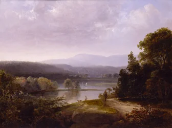 Veduta del fiume con cacciatori e cani