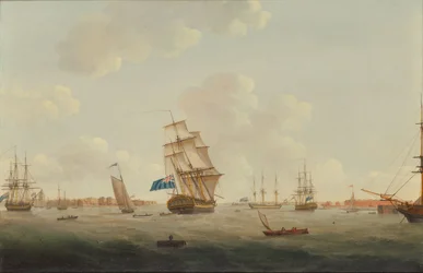 Un panorama del porto di Portsmouth con uomini di guerra e altre imbarcazioni