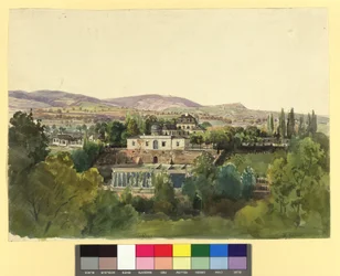 Veduta da Döbling sul Kahlengebirge e sulla villa del barone Johann von Lang (Nußwaldgasse 19 o 22)