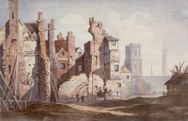 Demolizione di vecchie case vicino a Walbrook per fare spazio a King William Street, Città di Londra, 1834