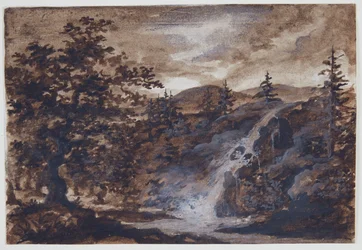 Paesaggio con rocce, alberi e un fiume
