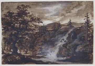 Paesaggio con rocce, alberi e un fiume