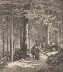 Interno di foresta con due figure