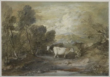 Un pastore con tre mucche presso una pozza di montagna, metà 1780