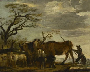 Un contadino che guida bovini, pecore e capre in un paesaggio, c.1785