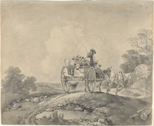 Mandriano con vitelli in un carro di campagna