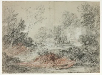 Paesaggio con edifici vicino a un ruscello
