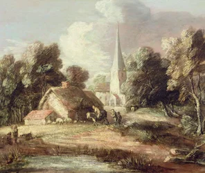 Paesaggio con chiesa, cottage, abitanti e animali