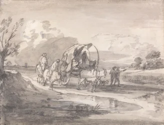 Paesaggio aperto con cavalieri e carro coperto