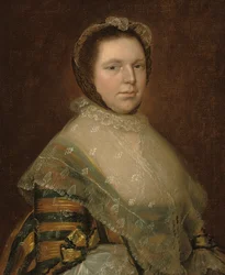 Ritratto di Elizabeth Prowse, a mezzo busto, in un vestito blu e oro