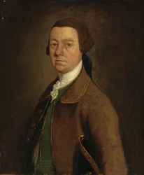 Ritratto di Sir Francis Skipwith, mezzo busto, in un cappotto marrone e panciotto verde con un cappello sotto il braccio sinistro