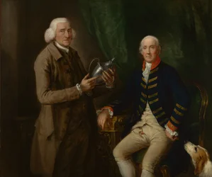 Ritratto di William Anne Hollis, IV conte di Essex, che presenta una coppa a Thomas Clutterbuck di Watford, 1784-1785 circa (Olio su tela)