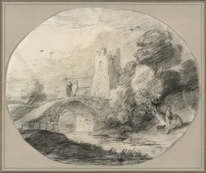Paesaggio fluviale con ponte e chiesa