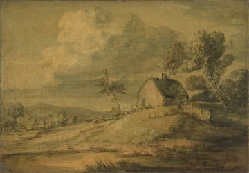 Paesaggio boscoso con cottage, mucche e pecore, ca. 1770