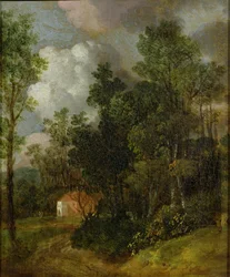 Paesaggio boscoso con casa di campagna e due figure