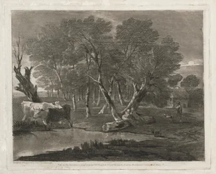 Paesaggio boscoso con mucche accanto a una pozza, figure e cottage