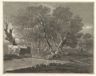 Paesaggio boscoso con mucche vicino a una pozza, figure e cottage