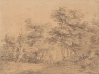 Paesaggio boscoso con figure, asini e cottage