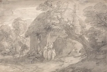 Paesaggio boscoso con figure fuori dalla porta di un cottage