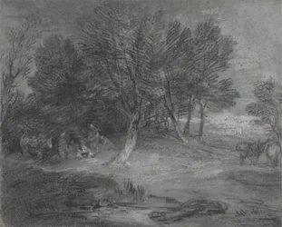 Paesaggio boscoso con accampamento di zingari