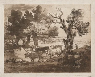 Paesaggio boscoso con mandriano e mucche