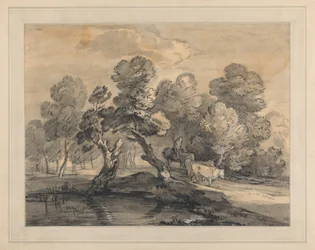 Paesaggio boscoso con mandriano e mucche