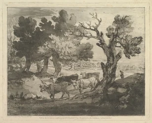 Paesaggio boscoso con mandriani e mucche