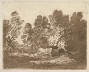 Paesaggio boscoso con mandriani e mucche