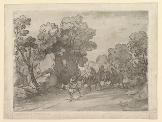 Paesaggio boscoso con cavalieri