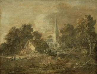 Paesaggio boscoso con scena di villaggio