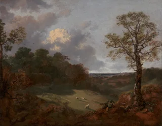 Paesaggio boscoso con un cottage e un pastore
