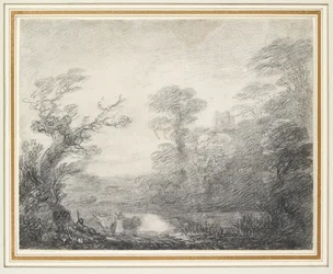Paesaggio boscoso con mandriano, mucche e campanile