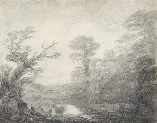Paesaggio boscoso con mandriano, mucche e torre della chiesa