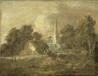 Paesaggio boscoso con scena di villaggio, inizio 1770-72