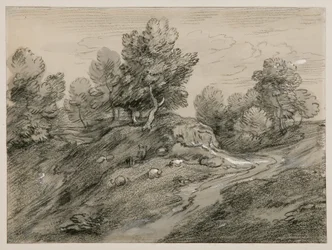 Paesaggio collinare boscoso con pastore, pecore e sentiero di campagna che si snoda attorno a una collina