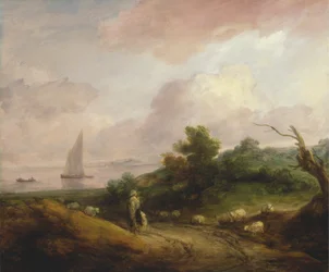 Paesaggio costiero con un pastore e il suo gregge
