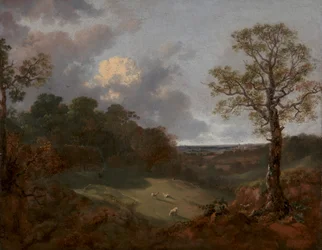 Paesaggio boscoso con un cottage e un pastore