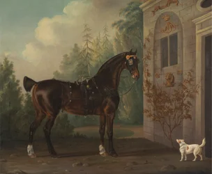 Il cavallo da carrozza baio scuro di Lord Abergavenny con un terrier